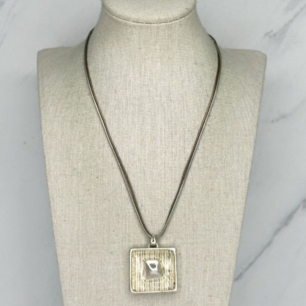 Chico's Double Strand Cord Square Striped Silver Tone Pendant ✨
